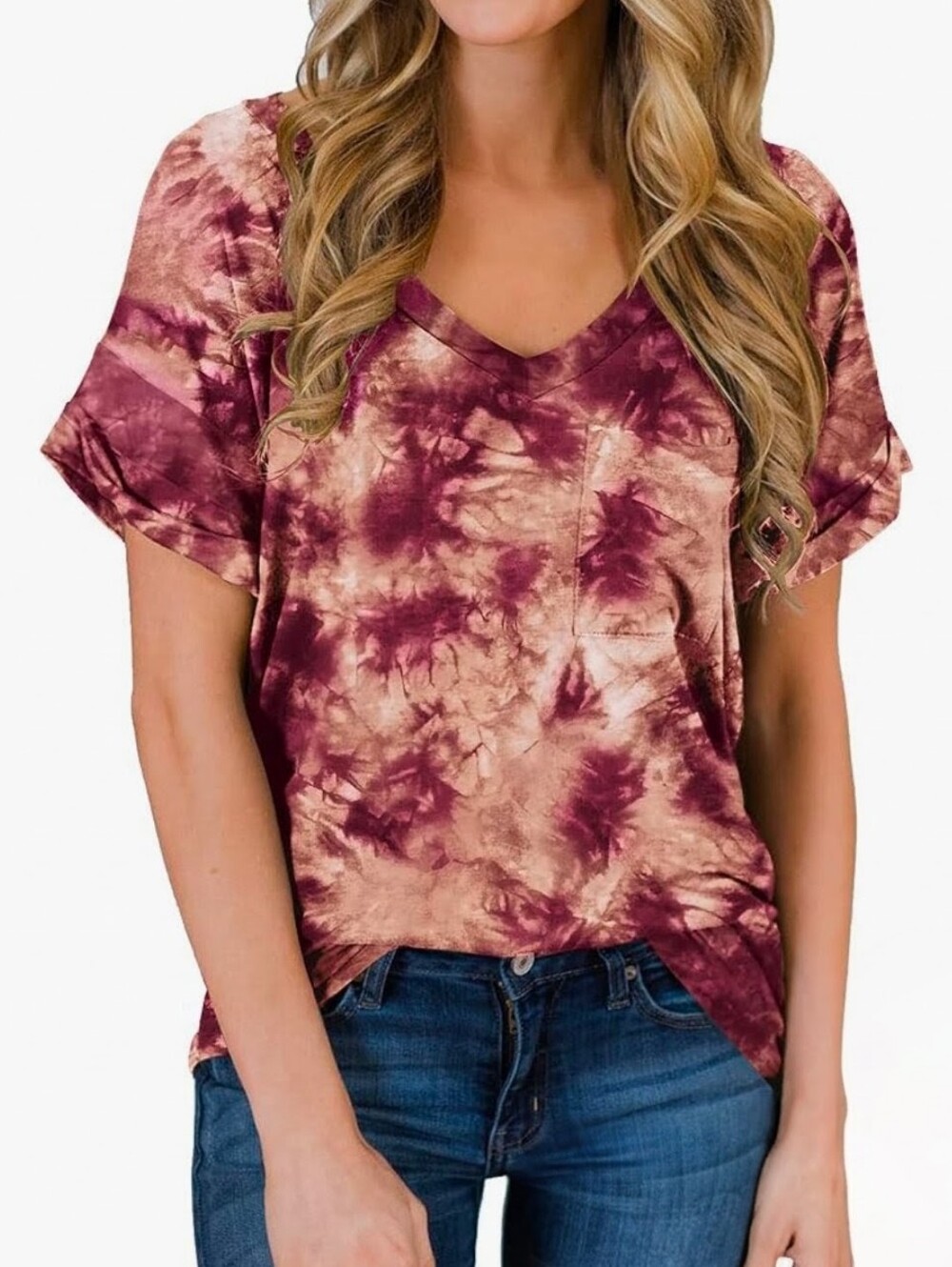 Miholl Wine Red/ White Tie Dye Short Sleeve V Neck T-Shirt